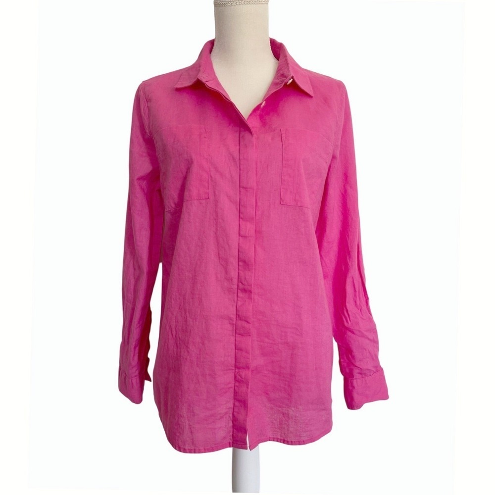NWOT Per Se Womens M Pink Linen Cotton Button-Up Shirt Top Beachy Coastal Summer